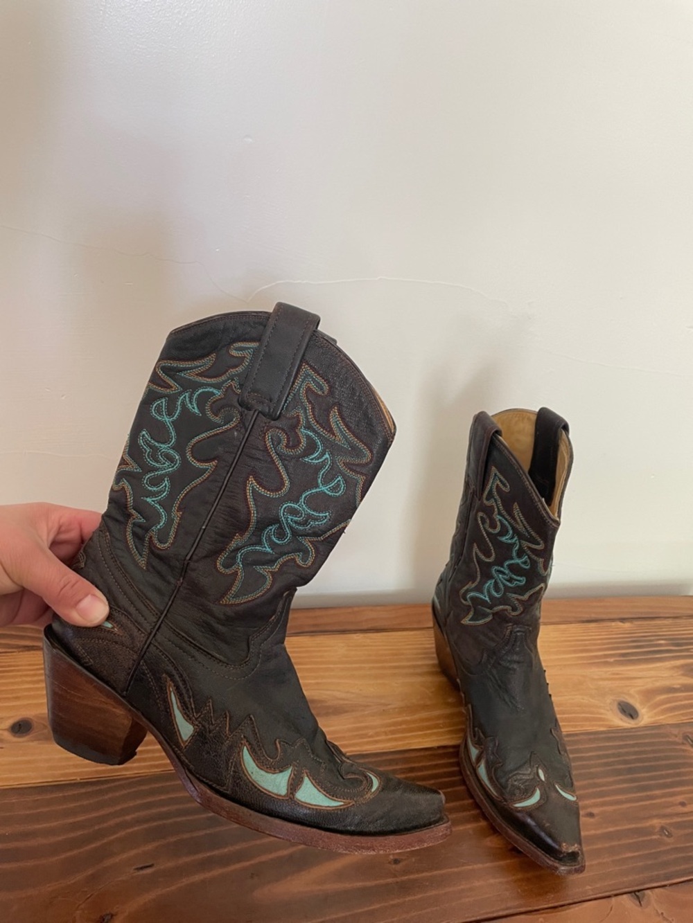 Corral Brown Leather Western Heeled Boots with Turquoise Stitching - Picture 2 of 10
